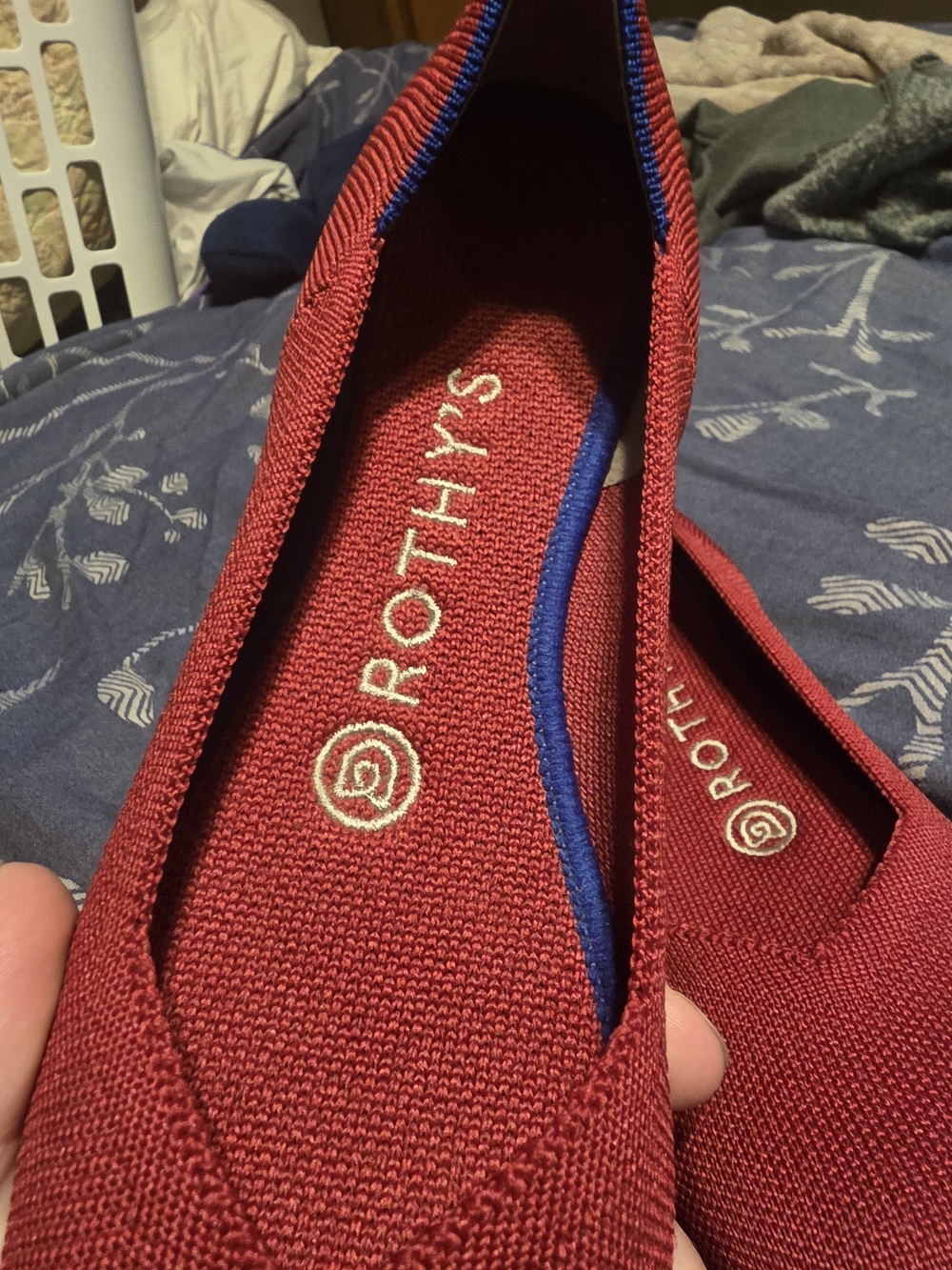 Rothy's Women's Red Knit Slip-On Flats with Blue Trim